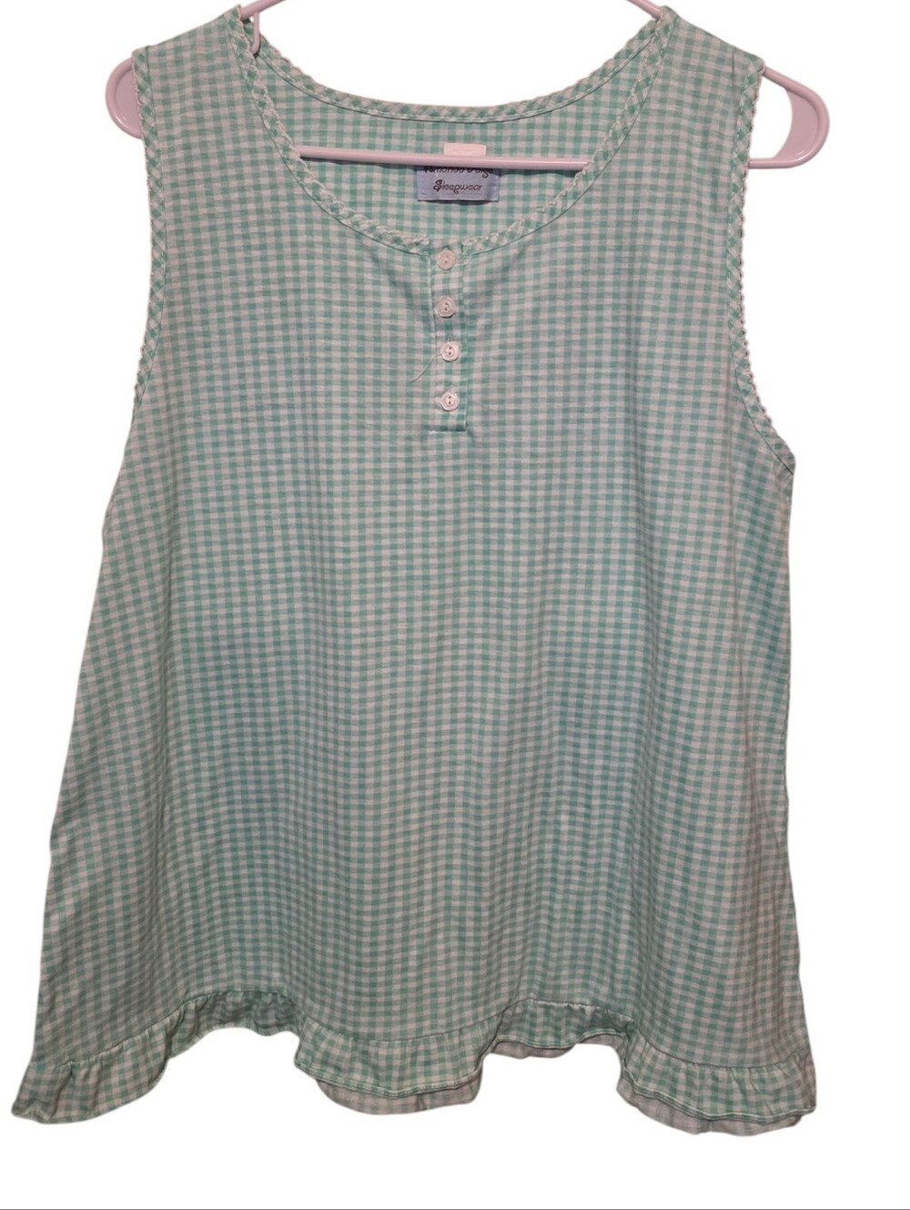Amanda Paige Sleepwear Sleeveless Peplum Sleep Shirt Mint & White Gingham EUC L